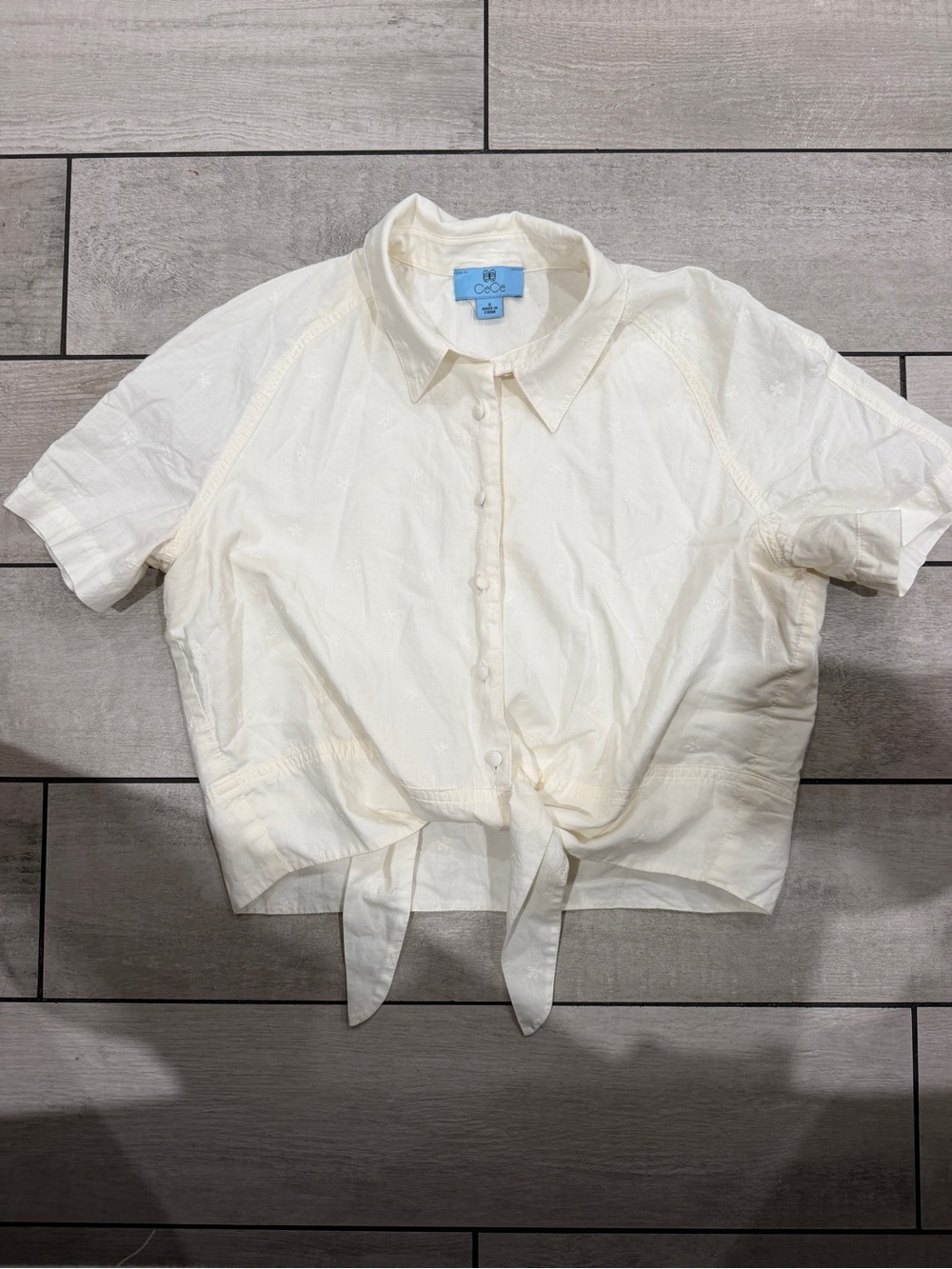 CeCe Ivory Tie-Front Short Sleeve Button-Down Top
